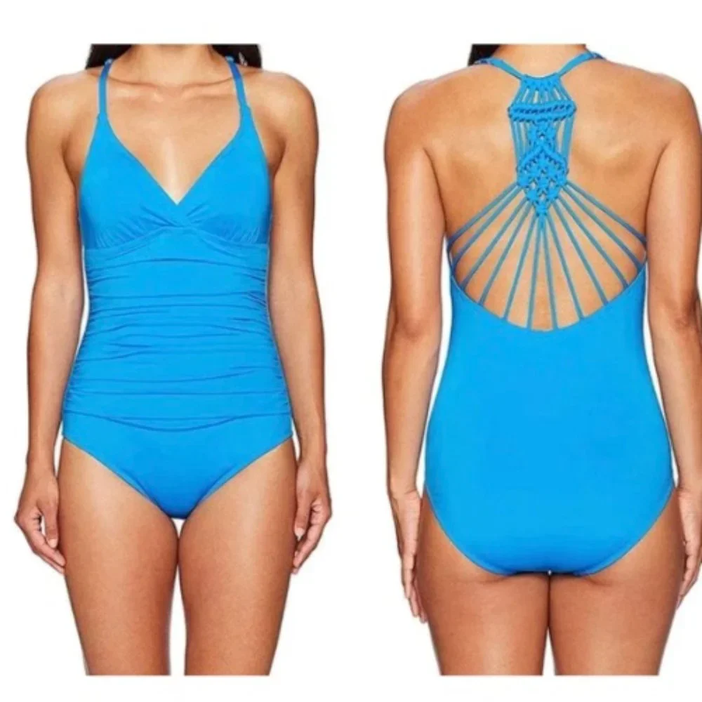 Jantzen Halter Lace Back One Piece Swimsuit Macrame Solid Blue Women's Size 8